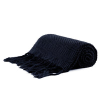 Fringe Knit Cotton Throw Blanket, 50” x 63” Decorative Knitted Cover with 6” Tassels, Bonus Laundry Bag – 3.12lb Weight, Navy blue