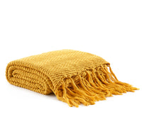 Longhui bedding Fringe Knit Cotton Throw Blanket, 50" x 63" Decorative Knitted Cover with 6" Tassels, Bonus Laundry Bag - 3.12lb Weight, Mustard Yellow