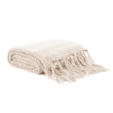 Longhui bedding Fringe Knit Cotton Throw Blanket, 50” x 63” Decorative Knitted Cover with 6” Tassels, Bonus Laundry Bag – 3.12lb Weight, Cream