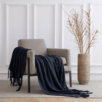 Fringe Knit Cotton Throw Blanket, 50” x 63” Decorative Knitted Cover with 6” Tassels, Bonus Laundry Bag – 3.12lb Weight, Navy blue