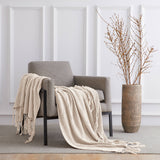 Longhui bedding Fringe Knit Cotton Throw Blanket, 50” x 63” Decorative Knitted Cover with 6” Tassels, Bonus Laundry Bag – 3.12lb Weight, Cream