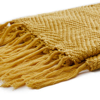Longhui bedding Fringe Knit Cotton Throw Blanket, 50" x 63" Decorative Knitted Cover with 6" Tassels, Bonus Laundry Bag - 3.12lb Weight, Mustard Yellow