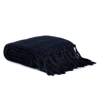 Fringe Knit Cotton Throw Blanket, 50” x 63” Decorative Knitted Cover with 6” Tassels, Bonus Laundry Bag – 3.12lb Weight, Navy blue