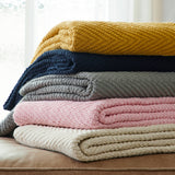 Fringe Knit Cotton Throw Blanket, 50” x 63” Decorative Knitted Cover with 6” Tassels, Bonus Laundry Bag – 3.12lb Weight, Navy blue