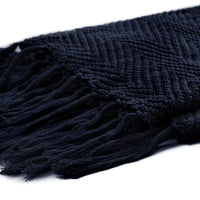Fringe Knit Cotton Throw Blanket, 50” x 63” Decorative Knitted Cover with 6” Tassels, Bonus Laundry Bag – 3.12lb Weight, Navy blue
