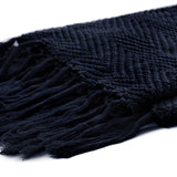 Fringe Knit Cotton Throw Blanket, 50” x 63” Decorative Knitted Cover with 6” Tassels, Bonus Laundry Bag – 3.12lb Weight, Navy blue