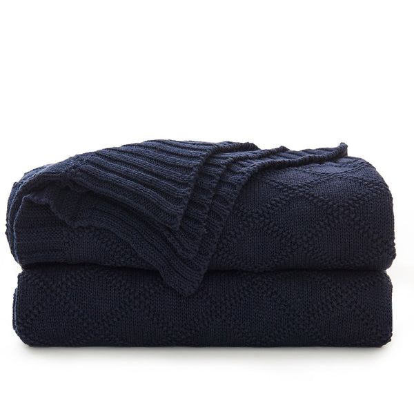 Longhui bedding Navy Cotton Knit Throw Blanket for Couch Sofa Bed - Home Decorative Soft Cozy Sweater Woven Fall Cable Oversize Knitted Blankets - 3.4 pounds 60 x 80 Inch