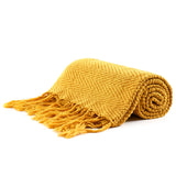 Longhui bedding Fringe Knit Cotton Throw Blanket, 50" x 63" Decorative Knitted Cover with 6" Tassels, Bonus Laundry Bag - 3.12lb Weight, Mustard Yellow