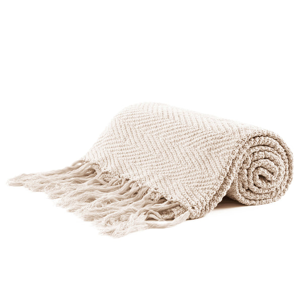 Longhui bedding Fringe Knit Cotton Throw Blanket, 50” x 63” Decorative Knitted Cover with 6” Tassels, Bonus Laundry Bag – 3.12lb Weight, Cream