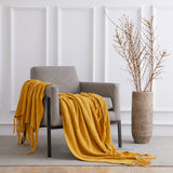 Longhui bedding Fringe Knit Cotton Throw Blanket, 50" x 63" Decorative Knitted Cover with 6" Tassels, Bonus Laundry Bag - 3.12lb Weight, Mustard Yellow