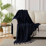 Fringe Knit Cotton Throw Blanket, 50” x 63” Decorative Knitted Cover with 6” Tassels, Bonus Laundry Bag – 3.12lb Weight, Navy blue